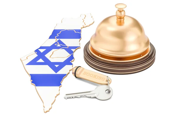 Israel booking concept. Israeli flag with hotel key and receptio — Stock Photo, Image