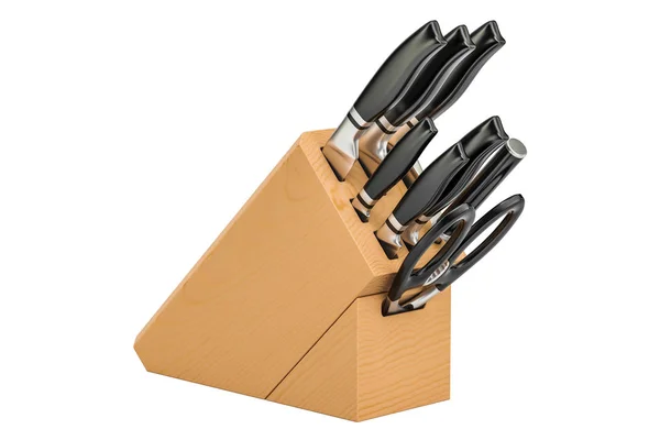 Knife Set with Wooden Block, 3D rendering — Stock Photo, Image