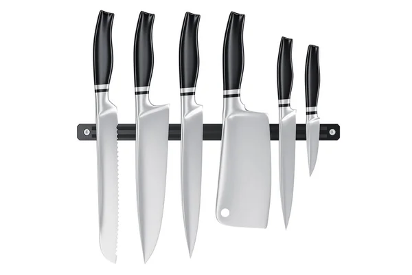 Set of kitchen knives on magnetic holder, 3D rendering — Stock Photo, Image
