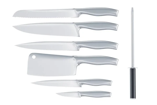 Set of kitchen knives with knife sharpener, 3D rendering — Stock Photo, Image