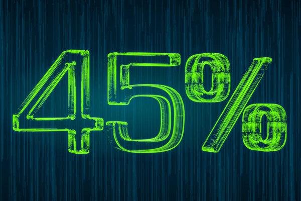 Концепция скидки, 45% световая надпись, 3D рендеринг
