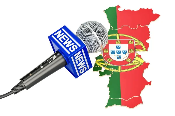 Concepto de noticias portuguesas, noticias de micrófonos en el mapa. Renderina 3D — Foto de Stock