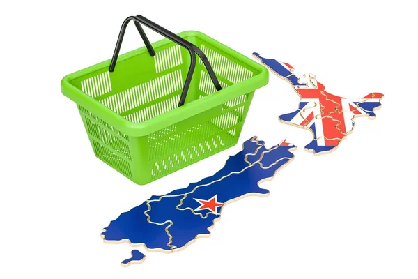 Bevásárló kosár Új-Zéland Térkép, piaci kosár vagy beszerzési — Stock Fotó