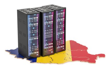 Romanya kavramı, 3d render veri merkezi sunucu rafları 