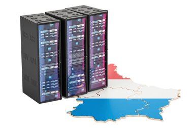 Lüksemburg kavramı, 3d render veri merkezi sunucu rafları 