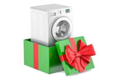 Hediyelik konsepti, çamaşır makinesi hediye kutusu içinde. 3D render