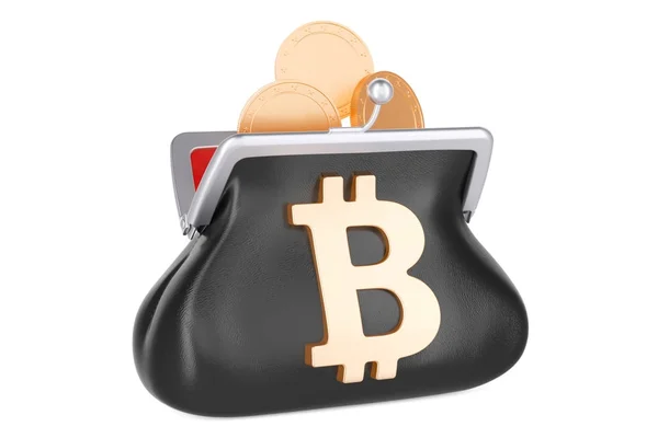 Geldbörse mit Bitcoin-Symbol und Goldmünzen im Inneren, 3D-Rendering — Stockfoto