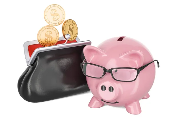 Purse with dollar golden coins and piggy bank, 3D rendering — Stock Photo, Image