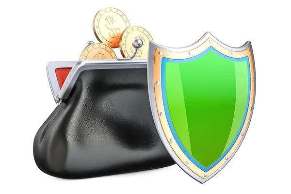 Purse with golden coins and shield, financial insurance and busi — Stock Photo, Image
