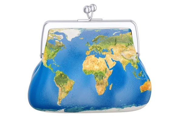 Monedero con mapa de la Tierra, concepto comercial global. Renderizado 3D — Foto de Stock