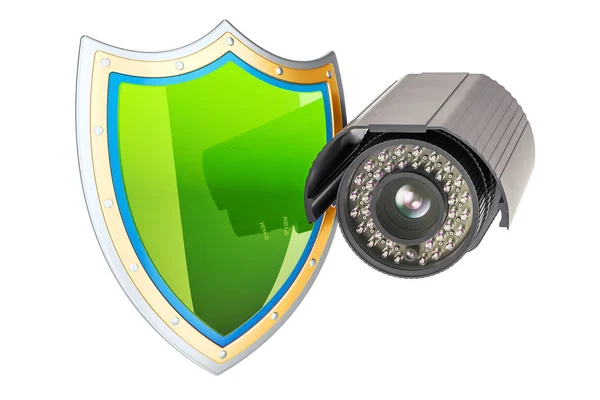 Biztonsági felügyeleti kamera pajzs, biztonsági koncepció. 3D-s ren — Stock Fotó
