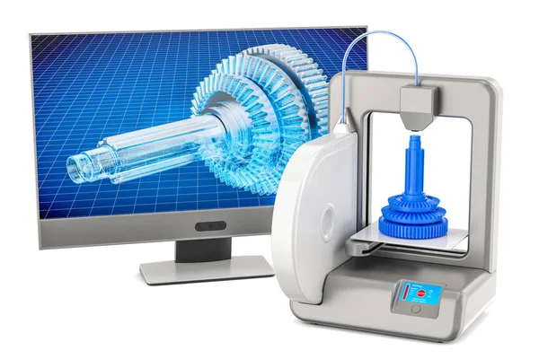 3D-printer met computermonitor, 3D-rendering — Stockfoto