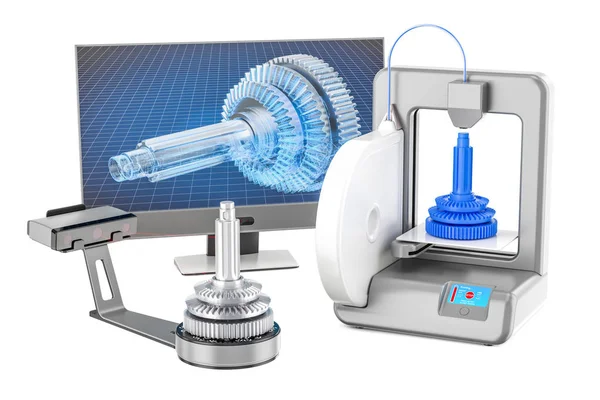 3D сканер, 3D принтер и монитор, 3D рендеринг — стоковое фото
