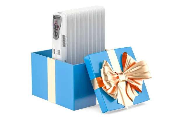 Gift concept, electric oil heater inside gift box. 3D rendering