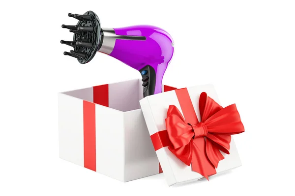 Concepto de regalo, secador de pelo dentro de la caja de regalo. Renderizado 3D — Foto de Stock