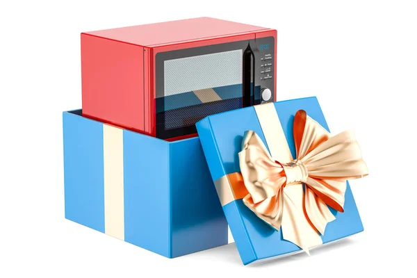 Kuchenka mikrofalowa wewnątrz pudełka na prezenty, prezent koncepcja. renderowania 3D — Zdjęcie stockowe