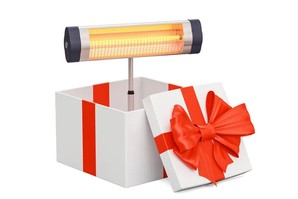 Δώρο ιδέα, Υπέρυθρη θερμάστρα μέσα σε κουτί δώρου. 3D rendering — Φωτογραφία Αρχείου