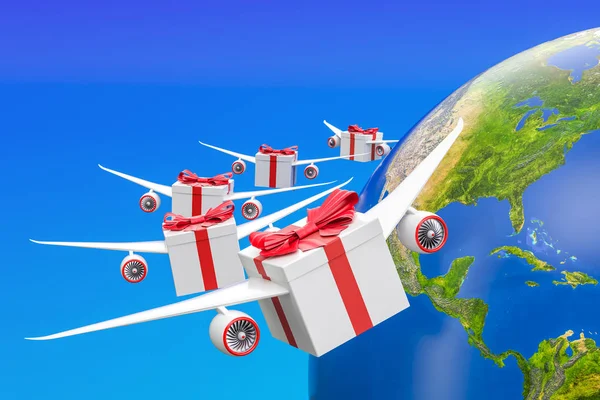 Global gift delivery concept. Gift boxes with wings flying in th