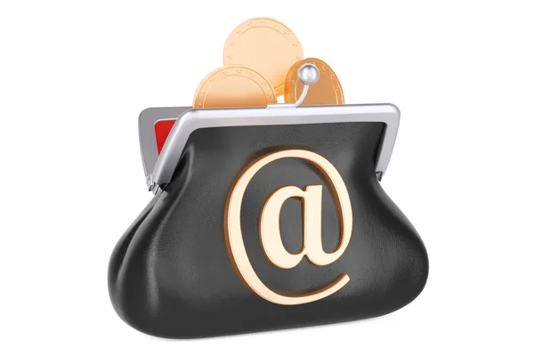 Purse with email symbol and golden coins inside, 3D rendering — Stock Photo, Image