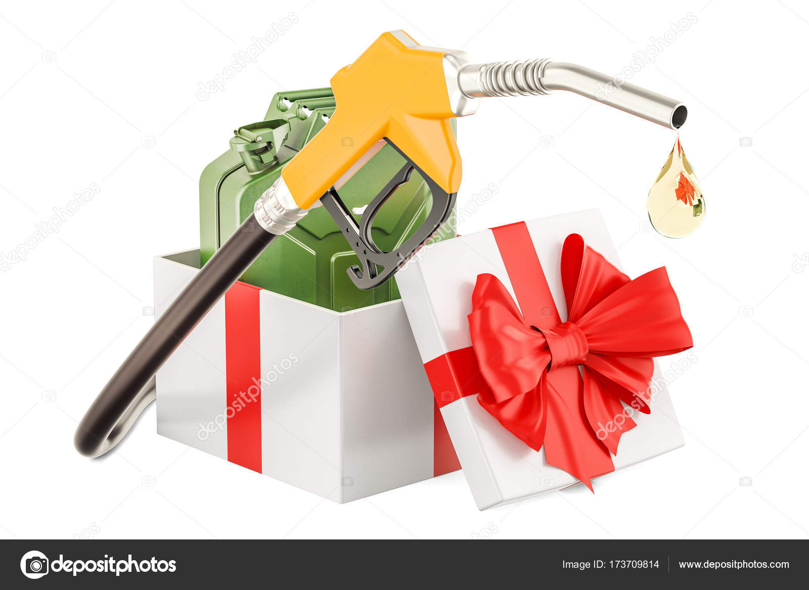 Benzinpumpe mit Kanister im Geschenkkarton, Geschenkkonzept.  3d-Stockillustration von ©alexlmx #173709814