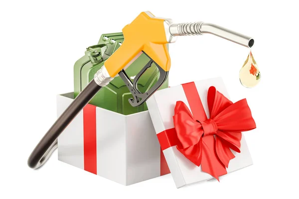 선물 상자, 선물 개념 안에 jerrycan와 가스 펌프 노즐. 3d — 스톡 사진