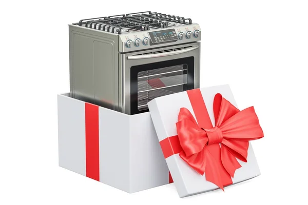 Cocina estufa dentro de la caja de regalo, concepto de regalo. Renderizado 3D — Foto de Stock