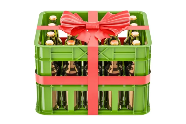 Jaula llena de botellas de cerveza con lazo rojo y cinta, concepto de regalo. 3. — Foto de Stock