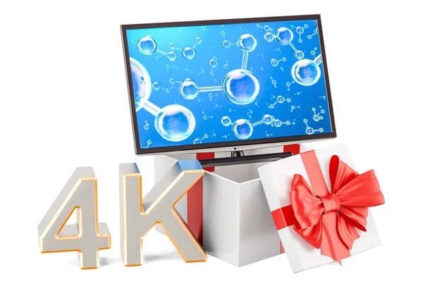 Hediye kutusu ile Tv 4 k veya bilgisayar monitörü 4 k, 3d render ayarla — Stok fotoğraf