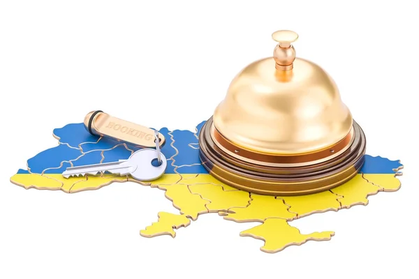 Ucrania concepto de reserva. Bandera de Ucrania con llave del hotel y recep —  Fotos de Stock