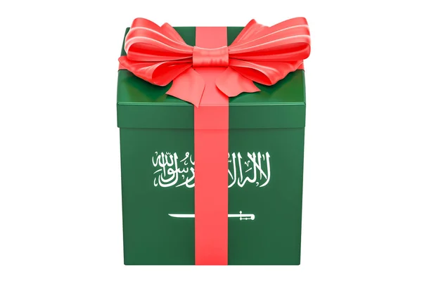 Caja de regalo con bandera de Arabia Saudita, concepto de vacaciones. Renderina 3D — Foto de Stock