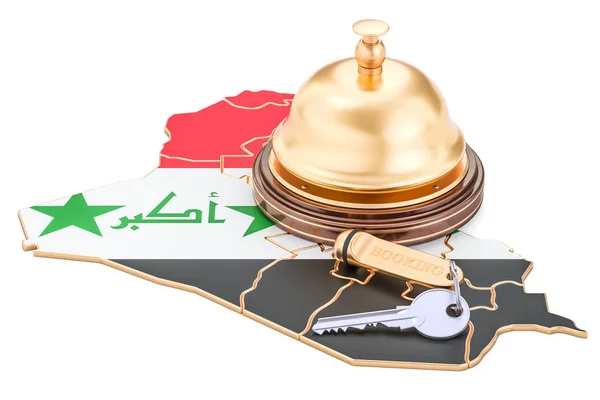Iraq Buchungskonzept. irakische Flagge mit Hotelschlüssel und Rezeption — Stockfoto