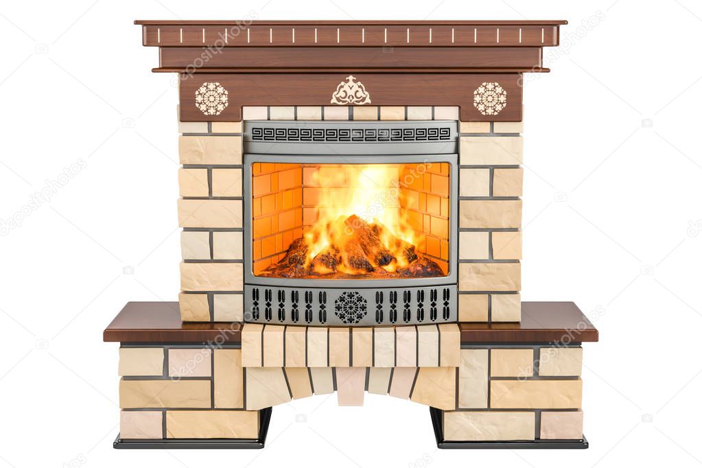 Fireplace front view, 3D rendering
