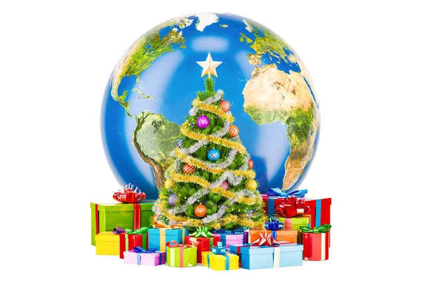 Conceito global de Natal e Ano Novo. Globo da Terra com Christma — Fotografia de Stock