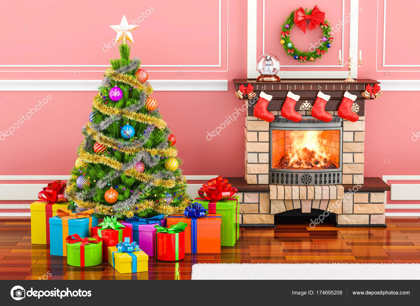 暖炉、クリスマス ツリーとギフト ボックス クリスマス インテリア — ストック写真 © alexlmx 174695208