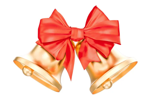 Gold Boże Narodzenie dzwony z Red Bow, renderowania 3d — Zdjęcie stockowe