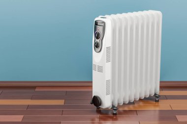 Elektrikli yağ ısıtıcı, yağ dolu radyatör yerde. 3D render