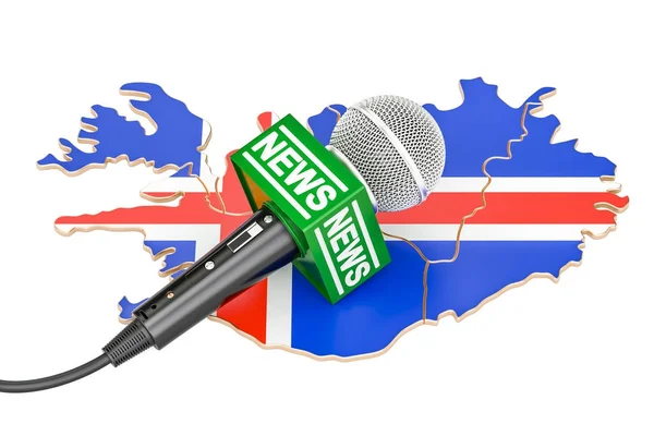 Koncepcja islandzki News, news mikrofon na mapie. renderowania 3D — Zdjęcie stockowe