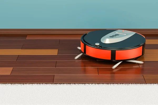 3d 렌더링, 방에 현대 빨간 로봇 진공 청소기 — 스톡 사진