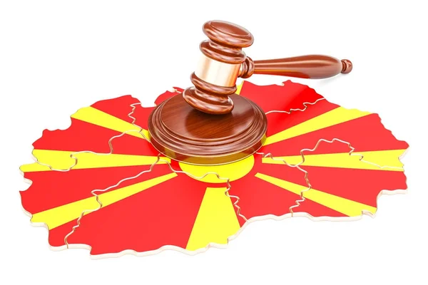 Martillo de madera en el mapa de Macedonia, representación 3D — Foto de Stock