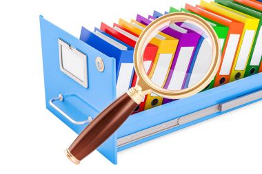 Dosya arama kavramı. Klasörlerde dosya dolabı magnifyi ile