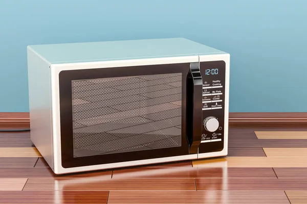 Microwave in room on the wooden floor, 3D rendering — Stock Photo, Image