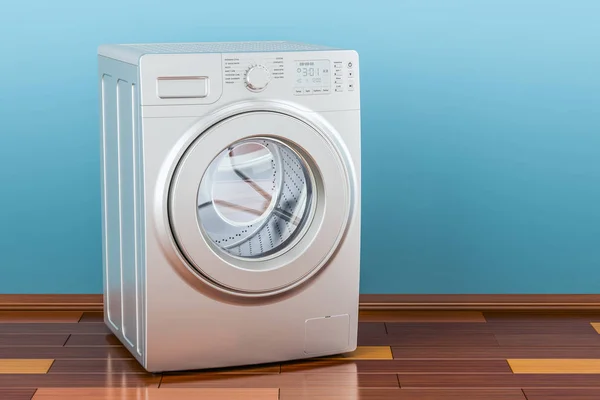 Modern washing machine in room on the wooden floor, 3D rendering — Stock Photo, Image