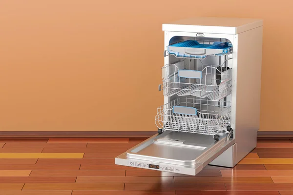 Открытая посудомоечная машина в номере на деревянном полу, 3D рендеринг — стоковое фото