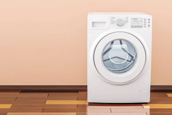 Waschmaschine im Raum auf dem Holzboden, 3D-Rendering — Stockfoto