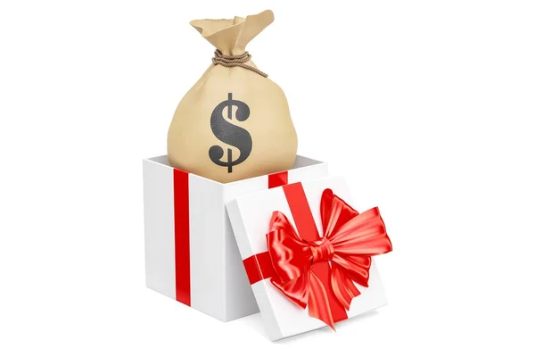 Tasche mit Dollars in Geschenkbox, 3D-Rendering — Stockfoto
