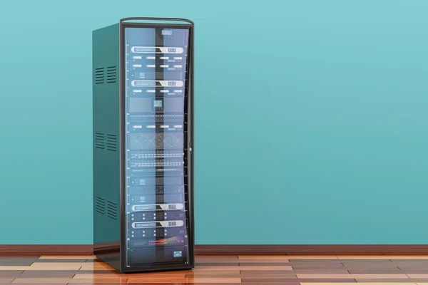 Estante del servidor del ordenador en la habitación en el piso de madera, representación 3D —  Fotos de Stock