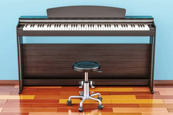 Piano digital com cadeira no quarto no chão de madeira, renderi 3D — Fotografia de Stock