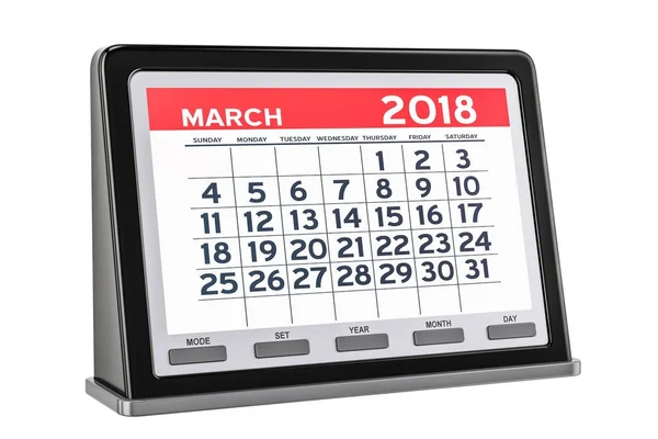 Março 2018 calendário digital, renderização 3D — Fotografia de Stock
