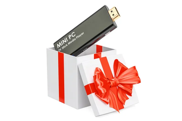 Mini PC TV Dongle Stick inside gift box, gift concept. 3D render