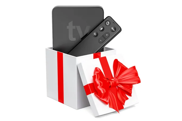 Moderne digitale Media speler Tv binnen de doos van de gift, gift concept. 3D — Stockfoto